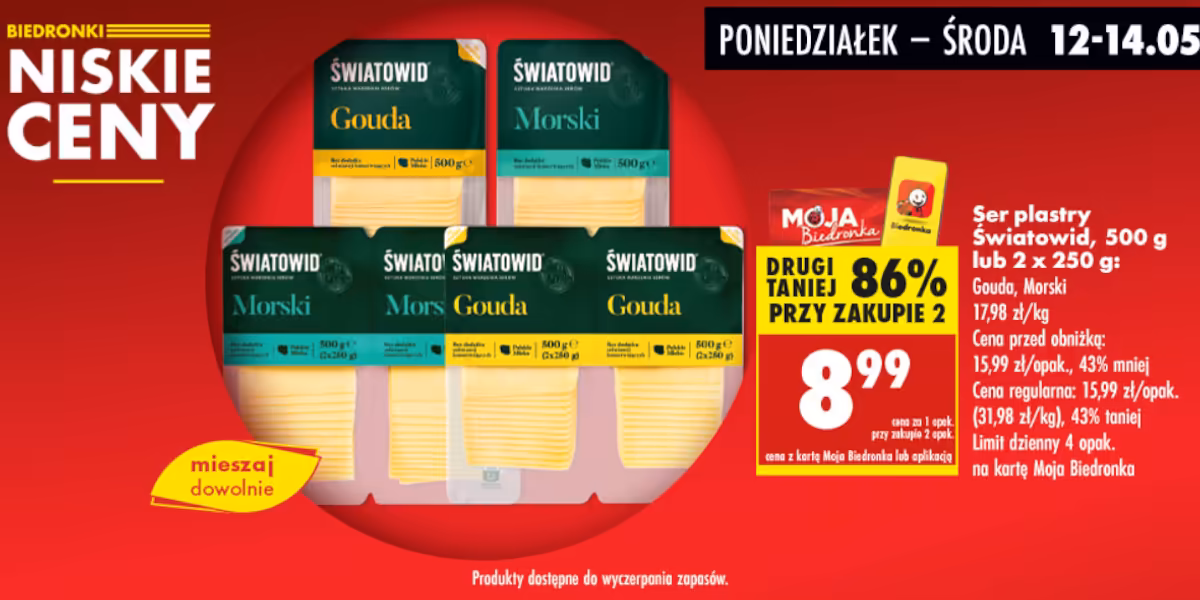Biedronka: -86% na ser w plastrach Światowid, 2x250 g/500 g
