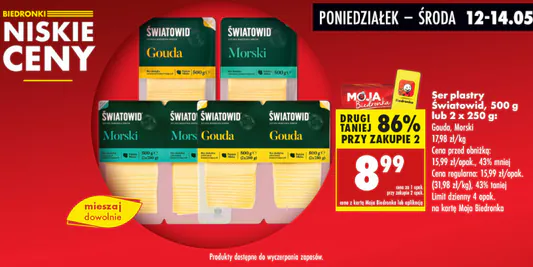 Biedronka: -86% na ser w plastrach Światowid, 2x250 g/500 g 12.05.2025
