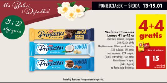 Biedronka: 4+4 GRATIS wafelek Princessa Longa 13.01.2025