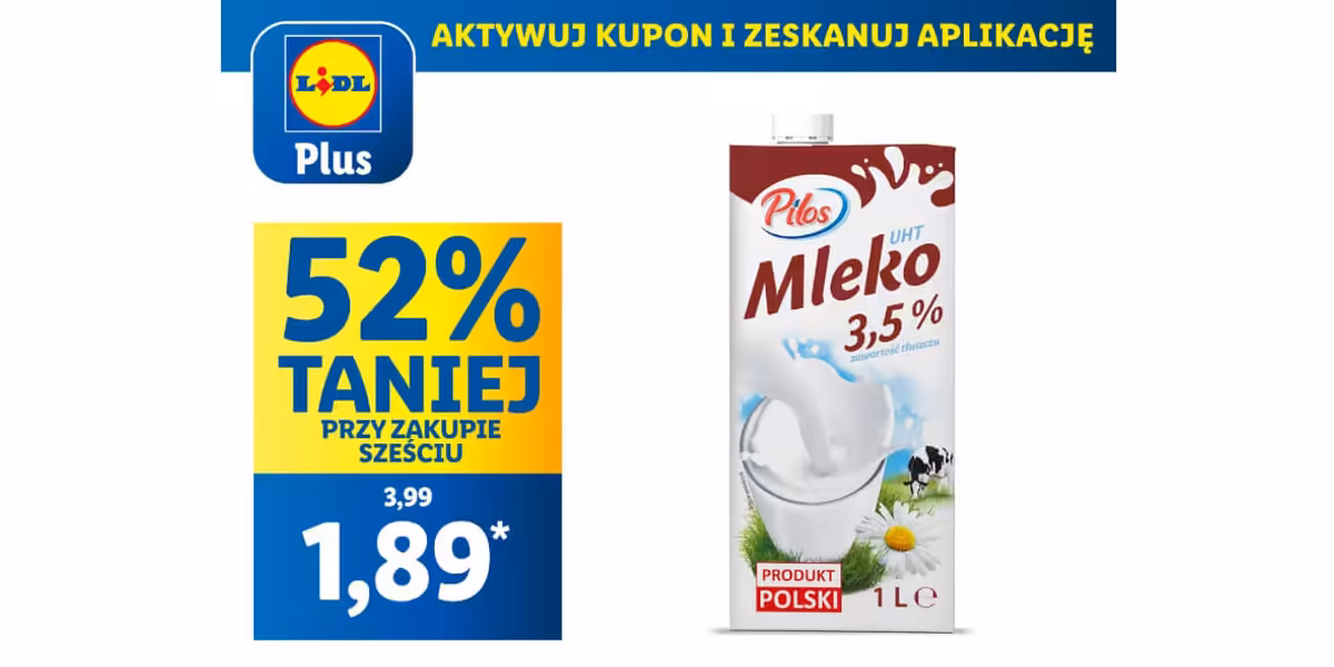 Lidl: KUPON -52% na mleko UHT 3,5%