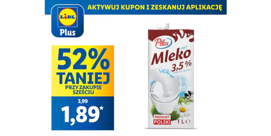 Lidl: KUPON -52% na mleko UHT 3,5% 02.06.2025