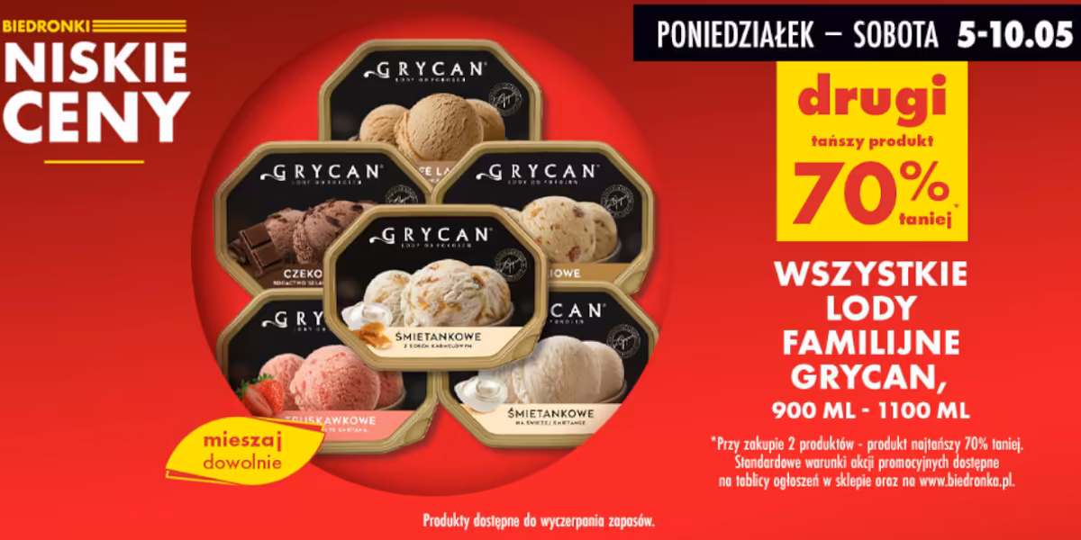Biedronka: -70% na lody familijne Grycan, 900-1100 ml