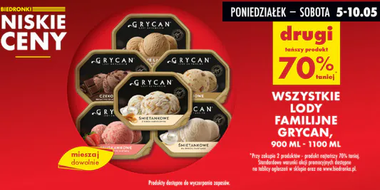 Biedronka: -70% na lody familijne Grycan, 900-1100 ml 05.05.2025