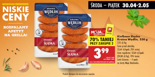Biedronka: -70% na kiełbasę śląską 30.04.2025