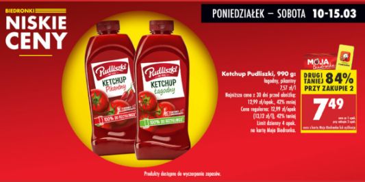 Biedronka: -84% na ketchup Pudliszki 990 g 10.03.2025