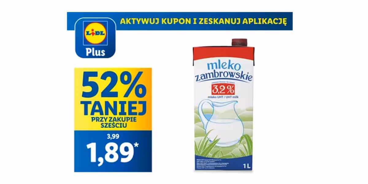 Lidl: KUPON -52% na mleko zambrowskie UHT 3,2%