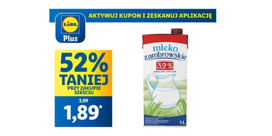 Lidl: KUPON -52% na mleko zambrowskie UHT 3,2% 05.05.2025