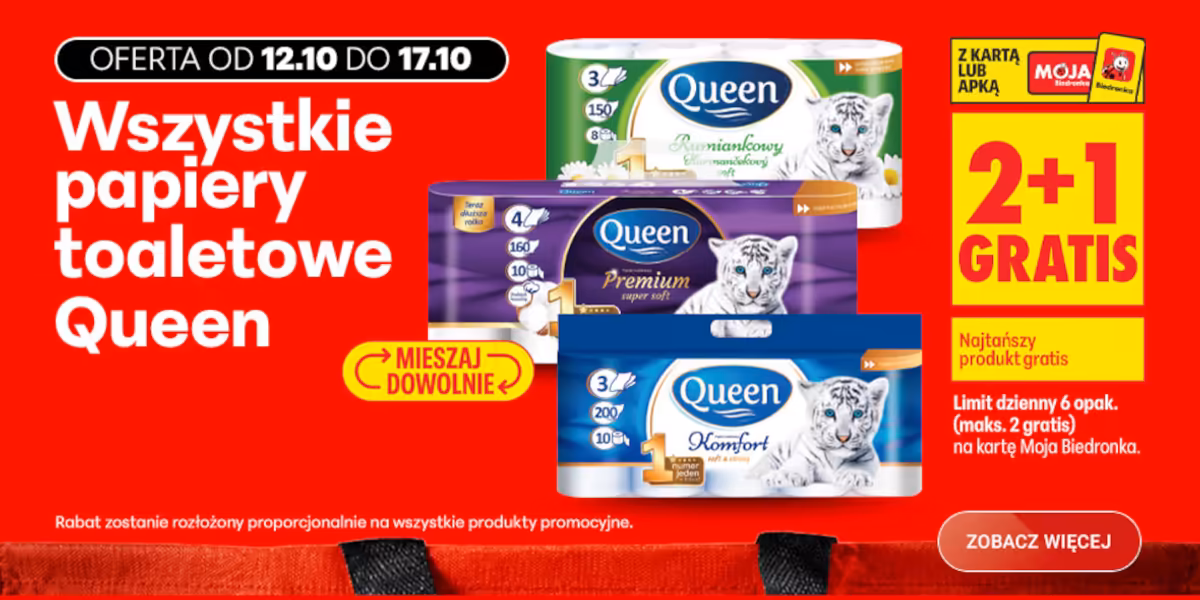 Biedronka: 2 + 1 GRATIS na papiery toaletowe Queen