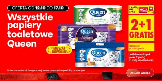 Biedronka: 2 + 1 GRATIS na papiery toaletowe Queen 12.10.2026