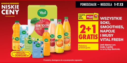 Biedronka: 2+1 GRATIS na soki, napoje, smoothies i musy Vital Fresh 01.12.2025