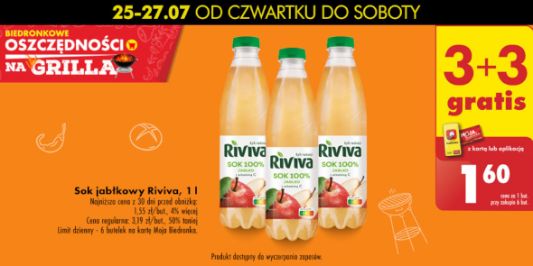 Biedronka: 3+3 GRATIS sok jabłkowy Riviva 26.07.2024