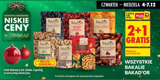 Biedronka: 2+1 GRATIS na wszystkie bakalie BAKAD'OR 04.12.2025