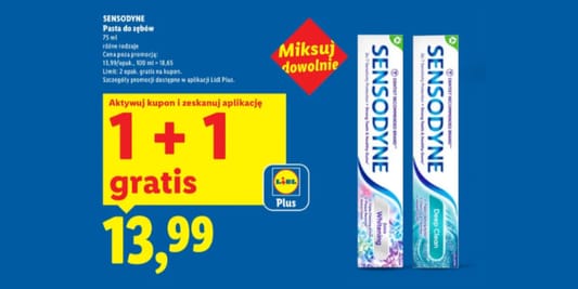Lidl: KUPON 1 + 1 GRATIS na pasty do zębów Sensodyne 16.03.2026