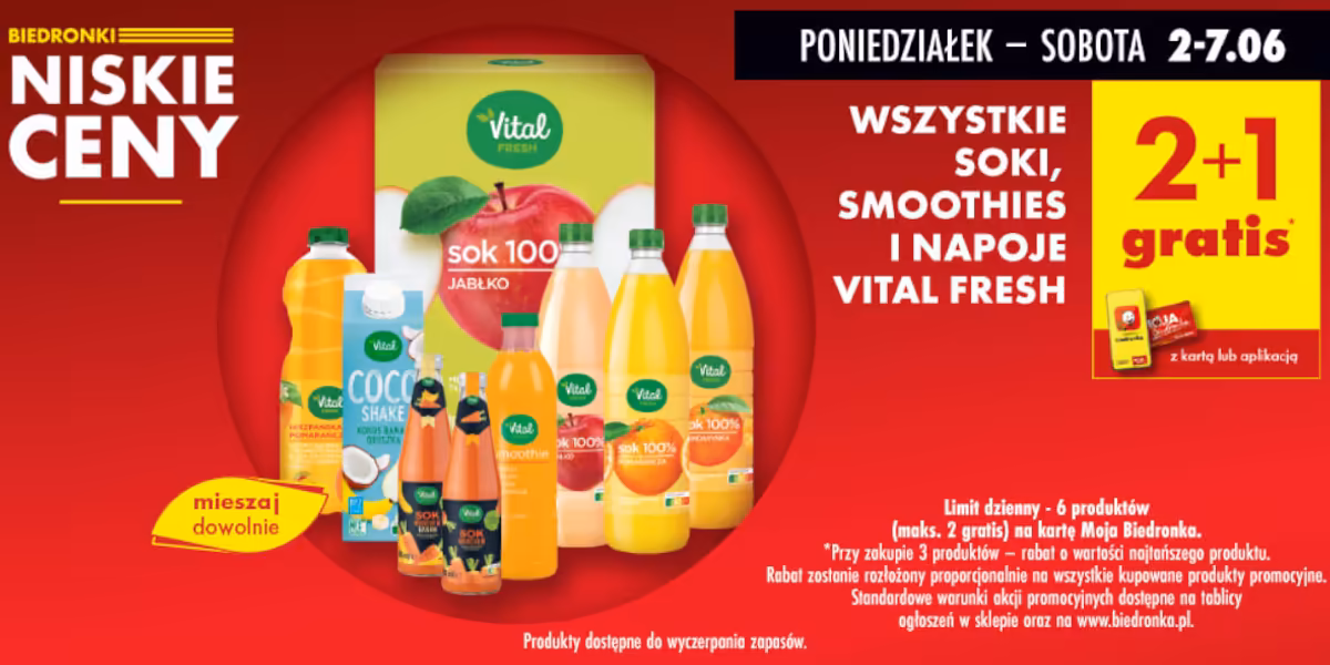 Biedronka: 2+1 GRATIS na soki, napoje, smoothies Vital Fresh