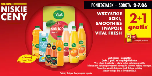 Biedronka: 2+1 GRATIS na soki, napoje, smoothies Vital Fresh 02.06.2025