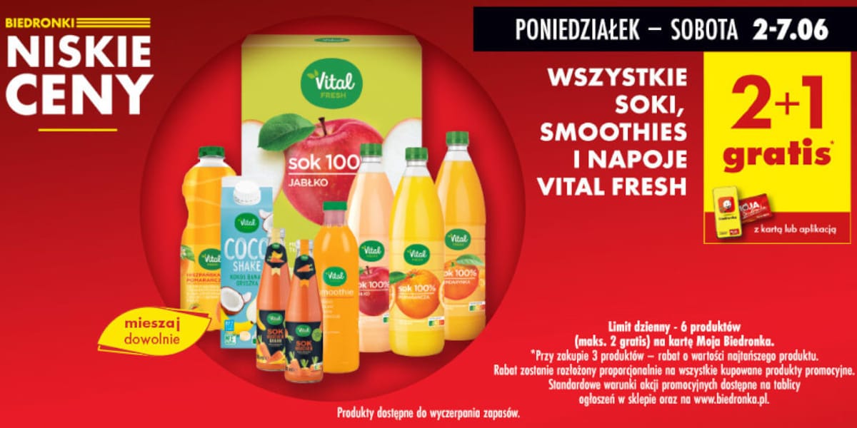 Biedronka: 2+1 GRATIS na soki, napoje, smoothies Vital Fresh