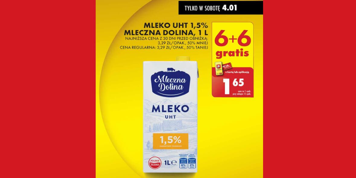 Biedronka: 6+6 GRATIS na mleko UHT 1,5% Mleczna Dolina 04.01.2025