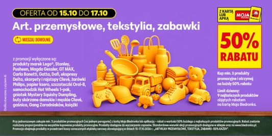 Biedronka: -50% na art. przemysłowe, tekstylia, zabawki 15.10.2026