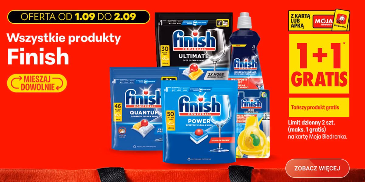 Biedronka: 1+1 GRATIS na wszystkie produkty Finish