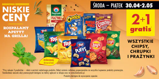 Biedronka: 2 + 1 GRATIS na wszystkie chipsy, chrupki, prażynki 30.04.2025