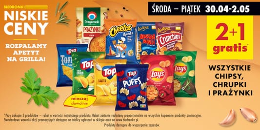 Biedronka: 2 + 1 GRATIS na wszystkie chipsy, chrupki, prażynki 30.04.2025