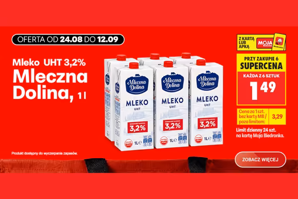 Biedronka: 1,49 zł za mleko UHT 3,2% Mleczna Dolina