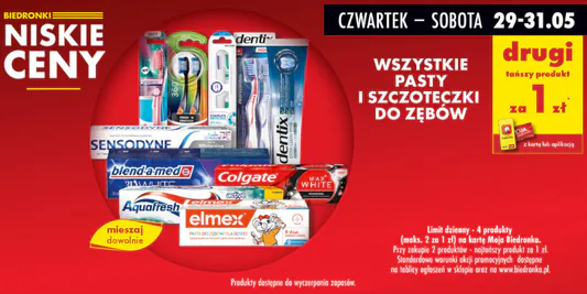 Biedronka: 1 zł za pasty i szczoteczki do zębów - drugi produkt 29.05.2025