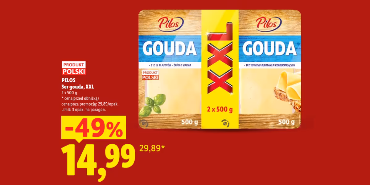 Lidl: -49% na ser gouda w plastrach XXL Pilos