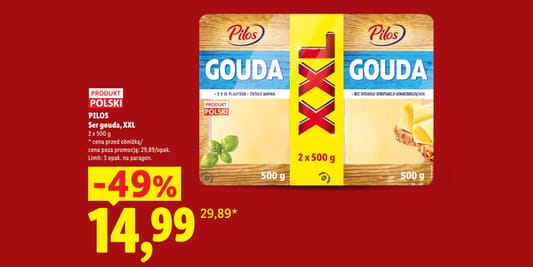 Lidl: -49% na ser gouda w plastrach XXL Pilos 21.09.2026