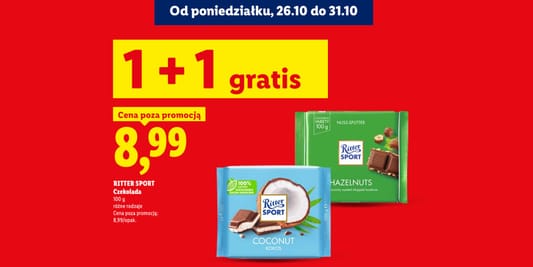 Lidl: 1 + 1 GRATIS na czekoladę Ritter Sport 26.10.2026