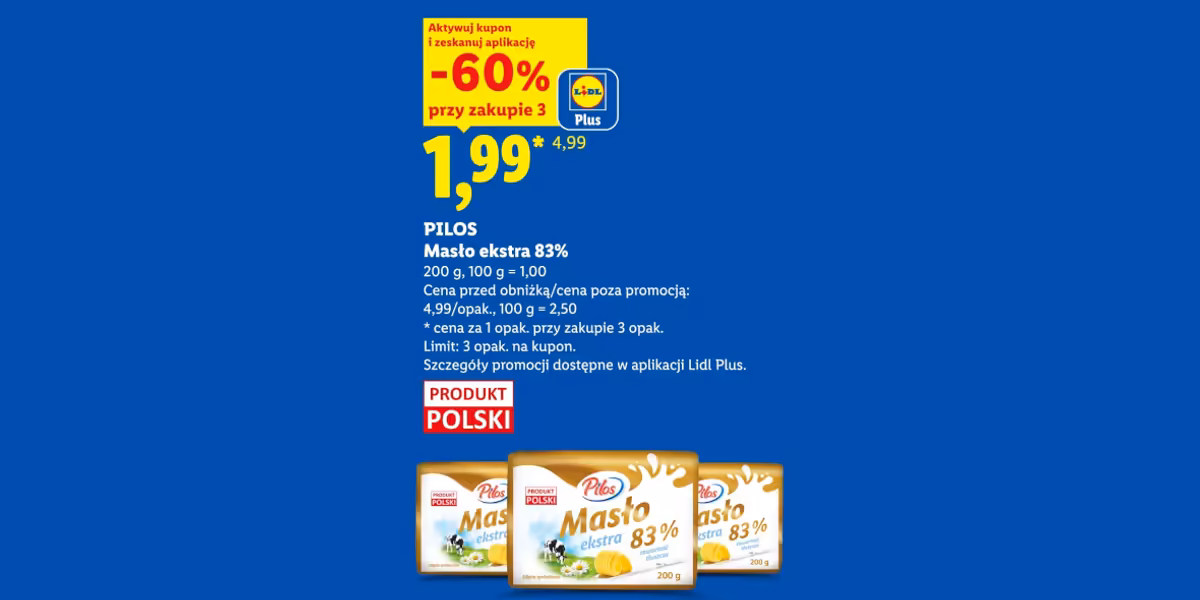 Lidl: KUPON -60% na masło ekstra Pilos