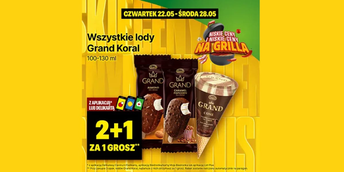 Delikatesy Centrum: 2+1 za GROSZ na wszystkie lody Grand Koral