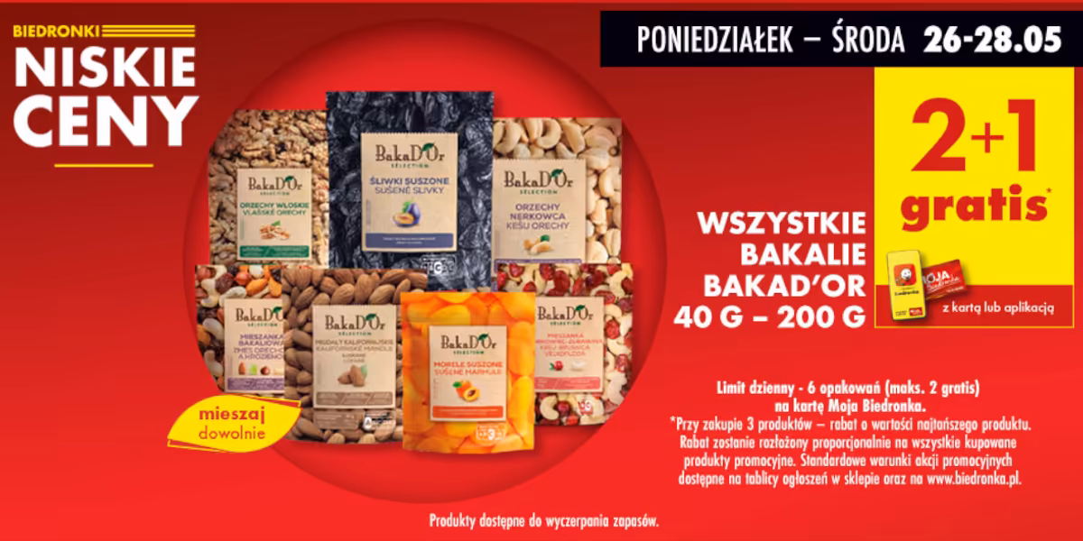 Biedronka: 2+1 GRATIS na wszystkie bakalie BAKAD'OR