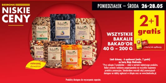 Biedronka: 2+1 GRATIS na wszystkie bakalie BAKAD'OR 26.05.2025