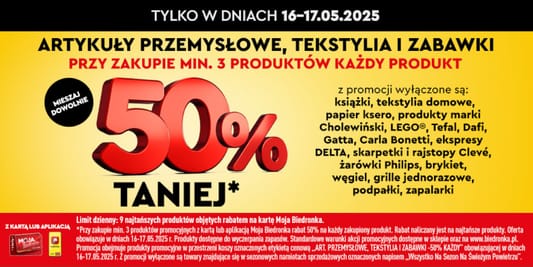 Biedronka: -50% na art. przemysłowe, tekstylia i zabawki 16.05.2025
