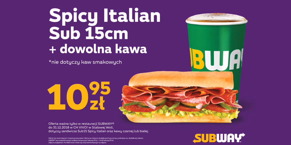 Subway: 10,95 zł za Spicy Italian Sub 15 cm + kawa