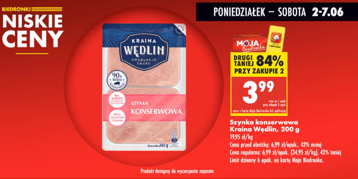 Biedronka: -84% na szynkę konserwową Kraina Wędlin