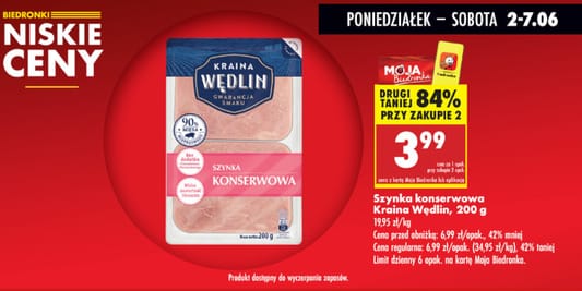 Biedronka: -84% na szynkę konserwową Kraina Wędlin 02.06.2025