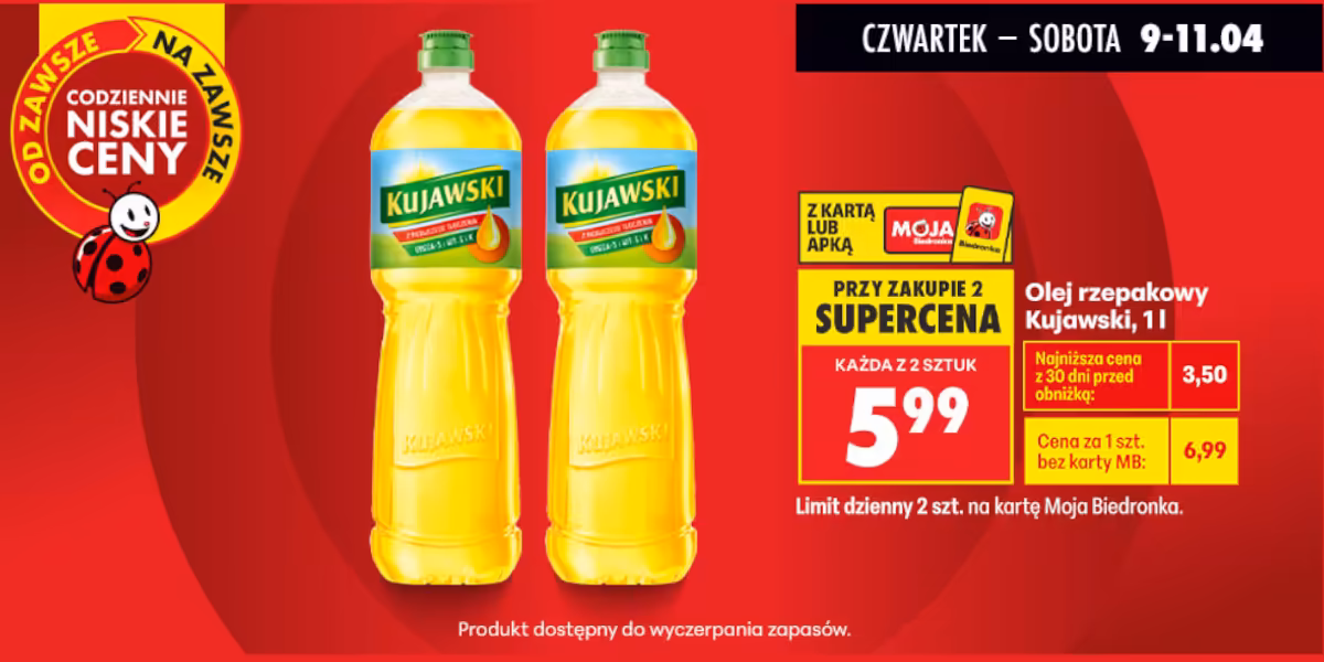Biedronka: SUPERCENA na olej rzepakowy Kujawski