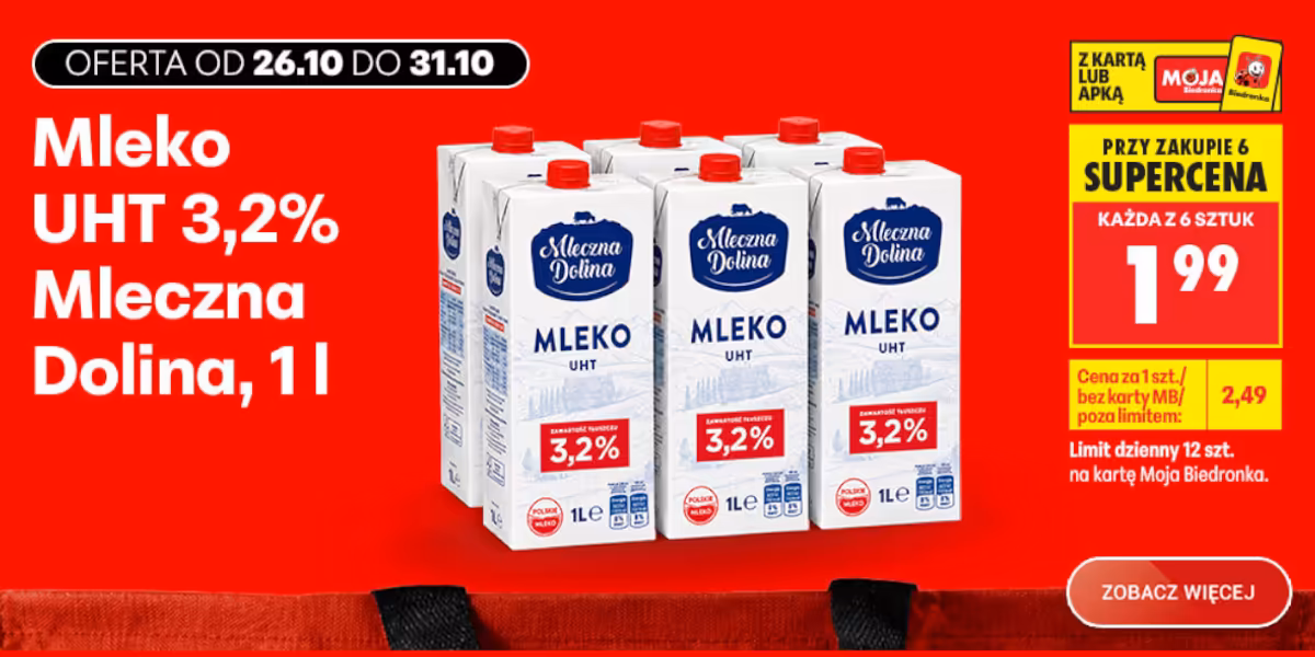 Biedronka: SUPERCENA na mleko Mleczna Dolina UHT 3,2%