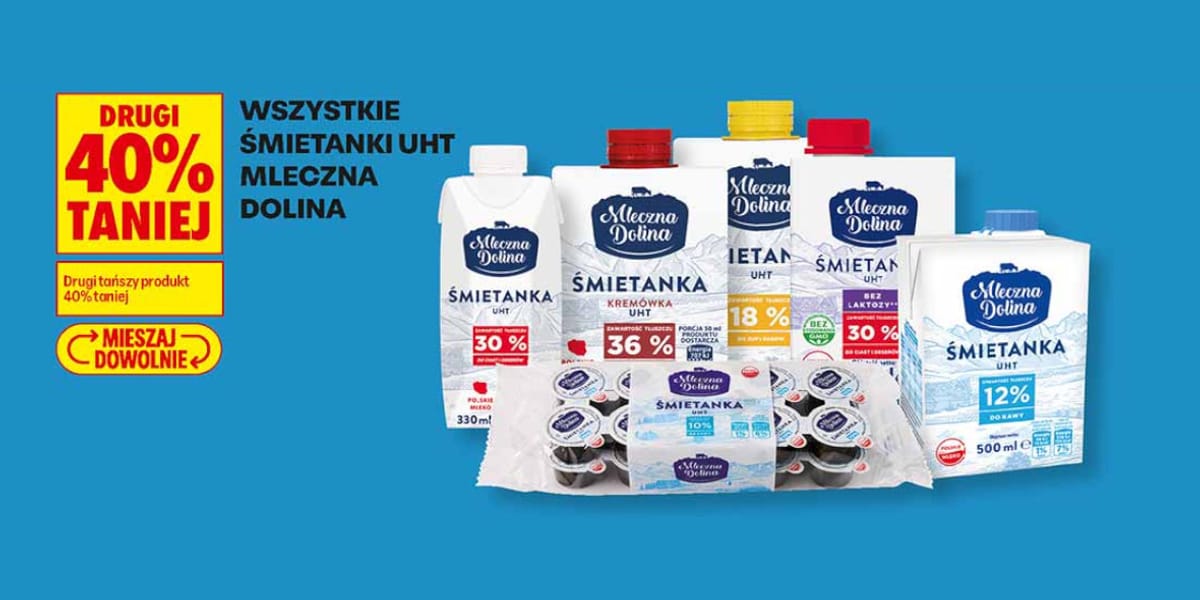 Biedronka: -40% na wszystkie śmietanki UHT Mleczna Dolina