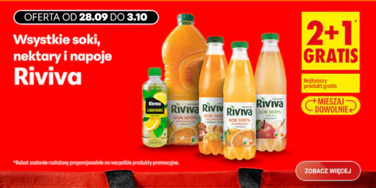 Biedronka: 2 + 1 GRATIS na wszystkie soki, nektary i napoje Riviva 28.09.2026