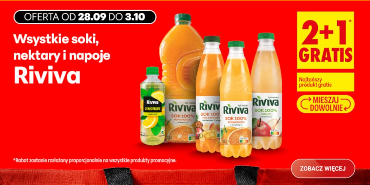 Biedronka: 2 + 1 GRATIS na wszystkie soki, nektary i napoje Riviva