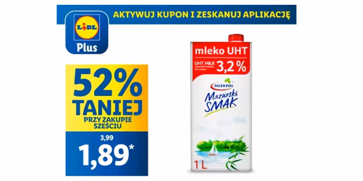 Lidl: KUPON -52% na Mleko UHT 3,2%