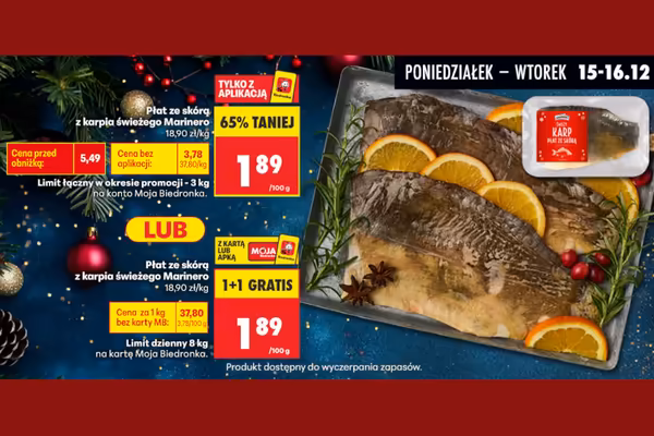 Biedronka: -65% LUB 1+1 GRATIS na płat ze skórą z karpia