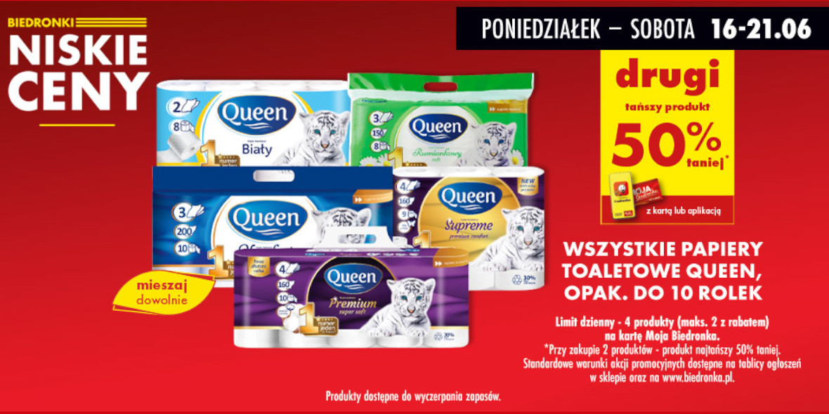 Biedronka: -50% na papiery toaletowe Queen opak. do 10 rolek 16.06.2025