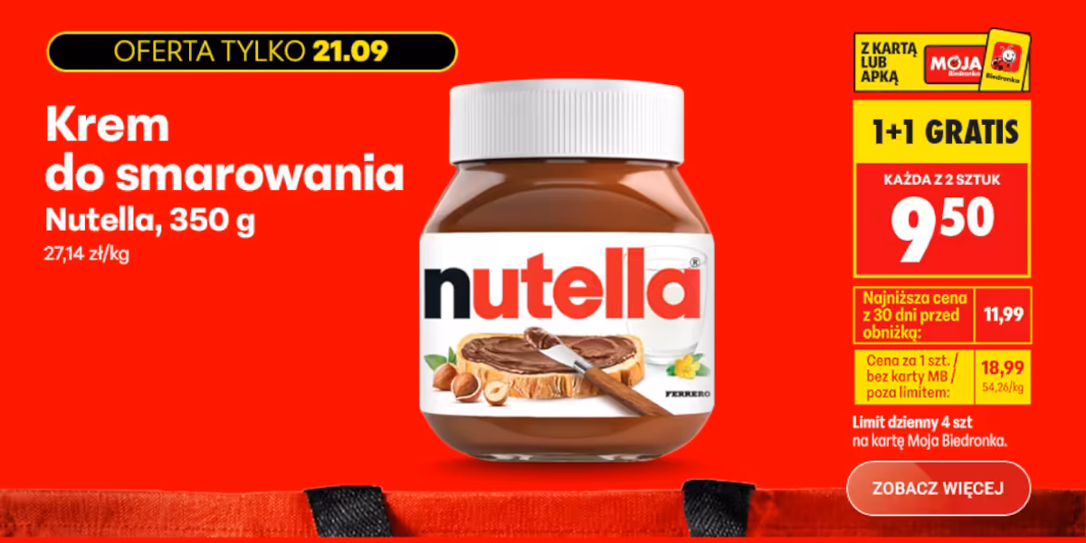 Biedronka: 1+1 GRATIS na krem do smarowania Nutella, 350 g