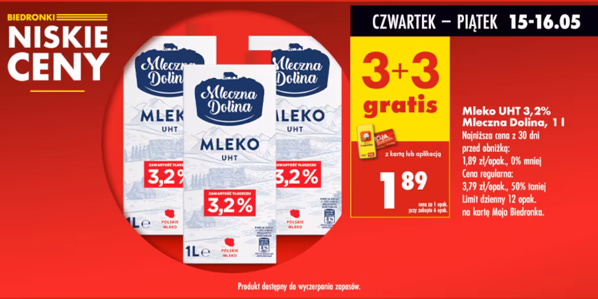 Biedronka: 3+3 GRATIS na mleko UHT 3,2% Mleczna Dolina