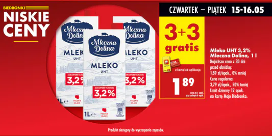 Biedronka: 3+3 GRATIS na mleko UHT 3,2% Mleczna Dolina 15.05.2025