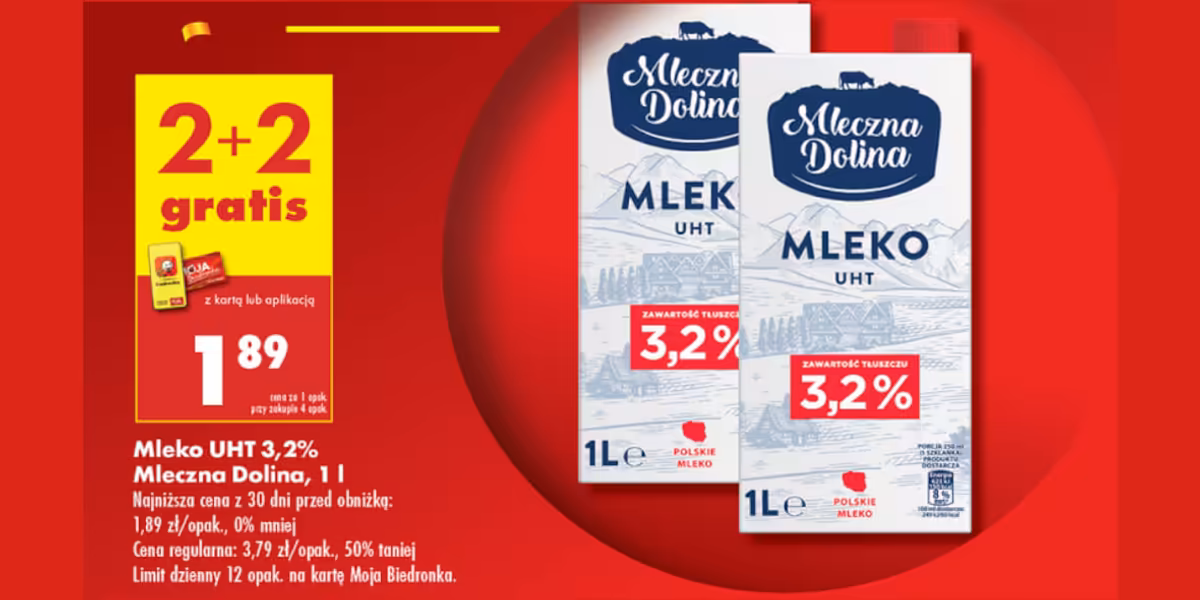 Biedronka: 2+2 GRATIS na mleko UHT 3,2% Mleczna Dolina